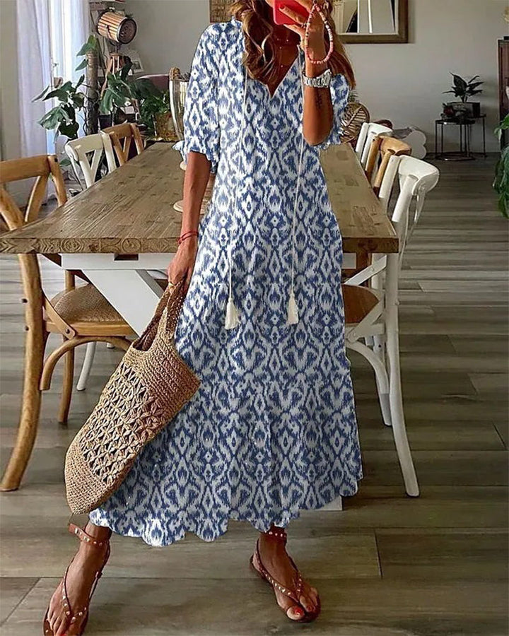 V-neck long printed dress with half sleeves