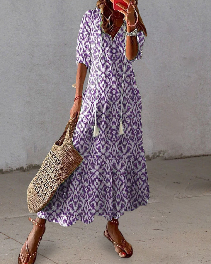 V-neck long printed dress with half sleeves