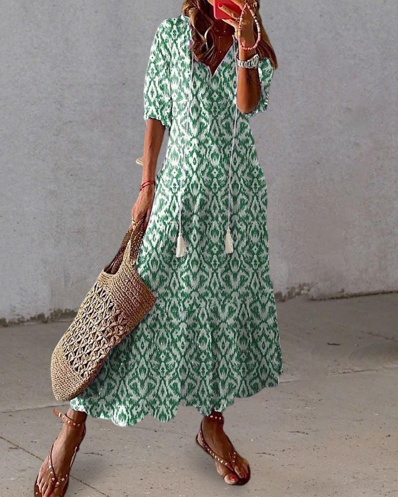 V-neck long printed dress with half sleeves