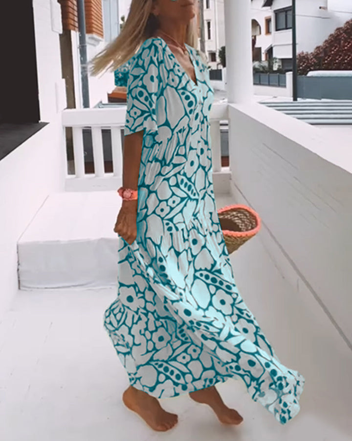 Printed loose dress with V-neckline