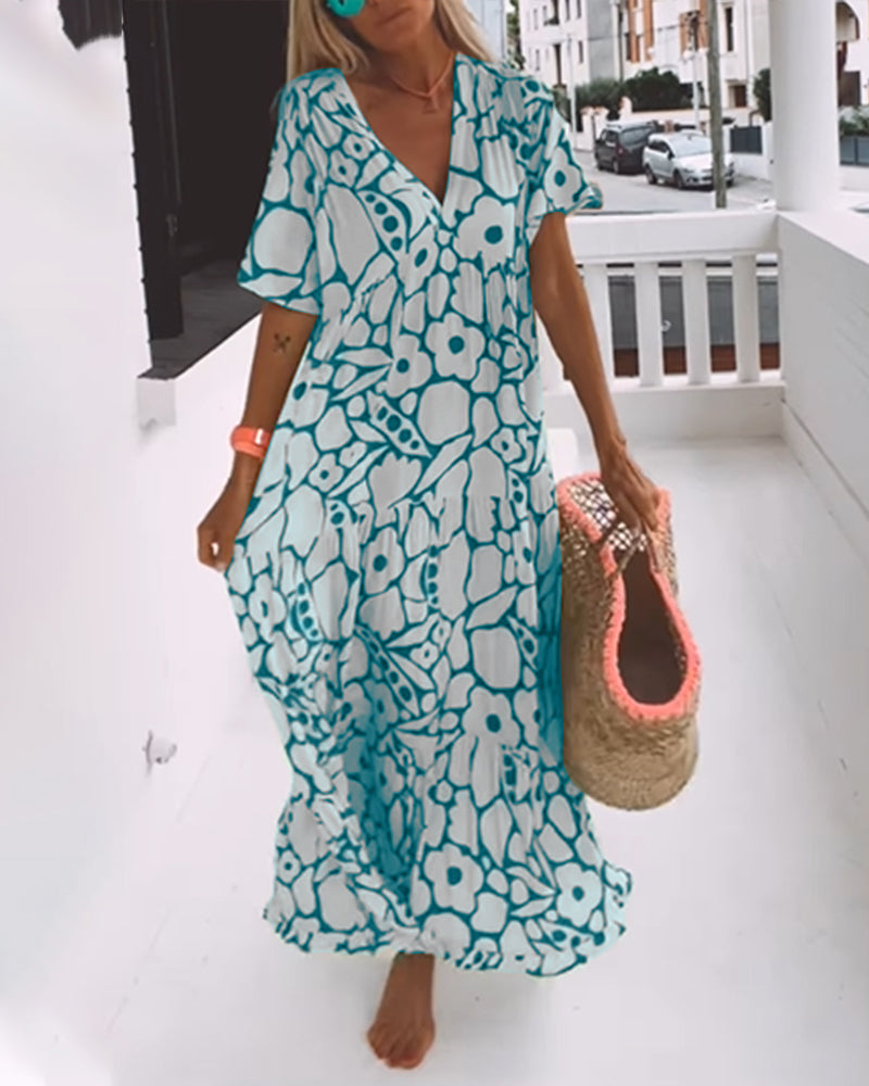 Printed loose dress with V-neckline